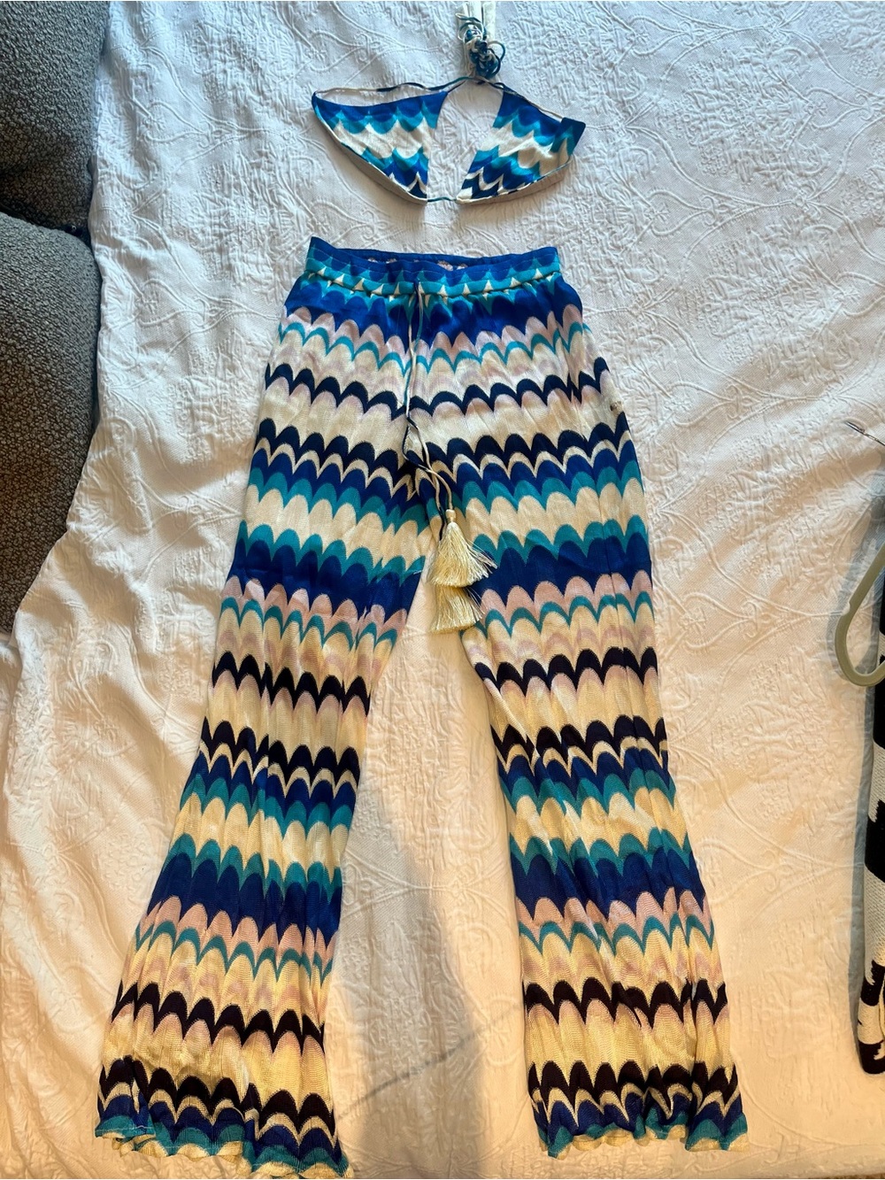 Alexis Blue Wave-Print Knit Pants with Tassel Tie Bikini Top (Top never worn)